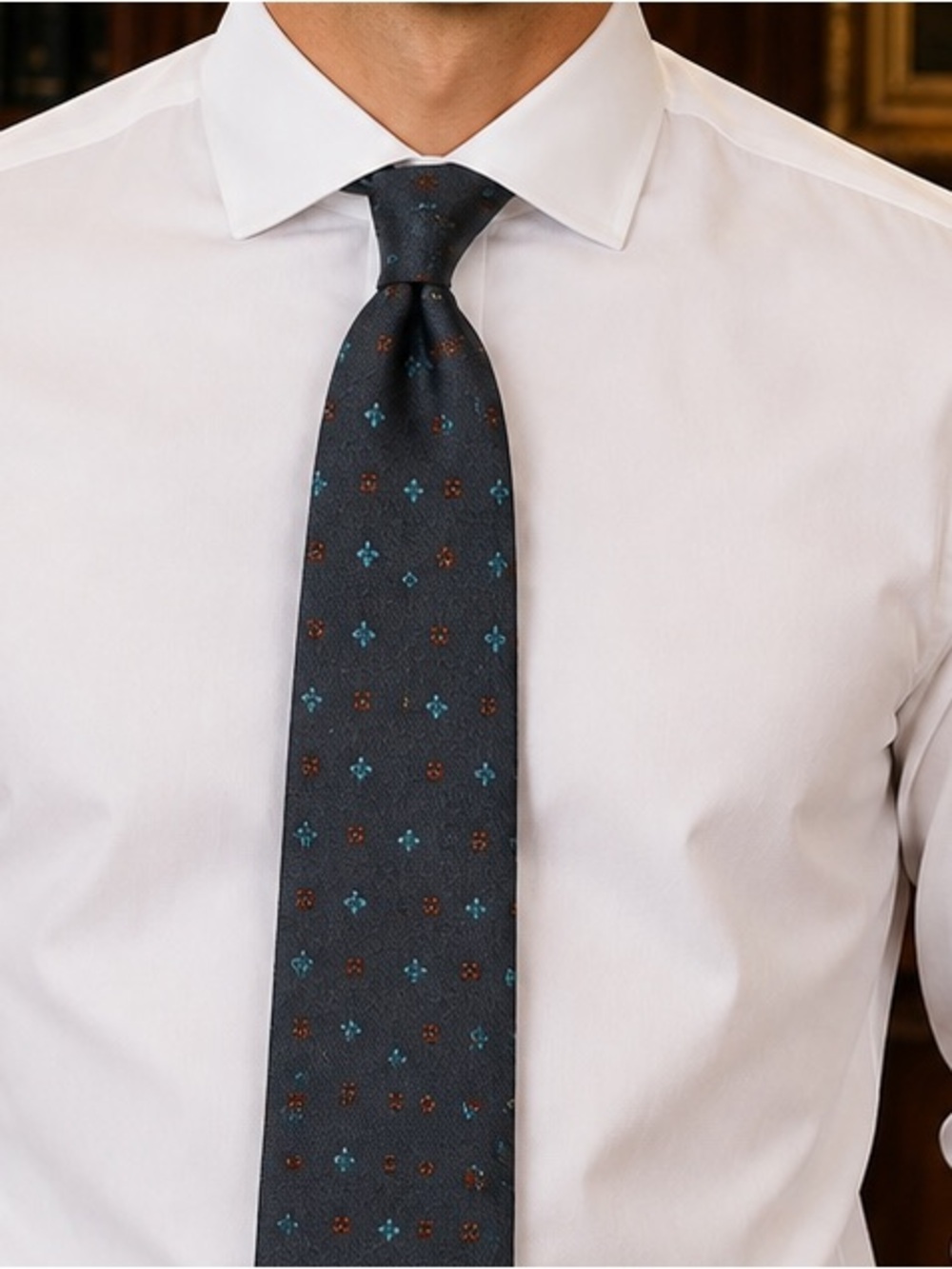 Kiton Emerald Tie with a Turquoise and Burnt Copper Repeating Floral Motif